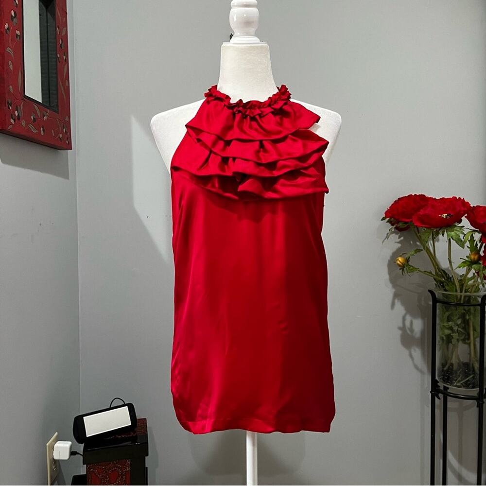 NEW Elena Solano Silk Ruffle Collar Sleeveless Classic Halter Blouse Red S NWT
